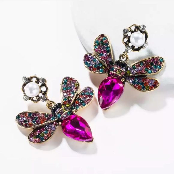 Bee Earrings jewel honeybee pearls dangle drop - Picture 4 of 4